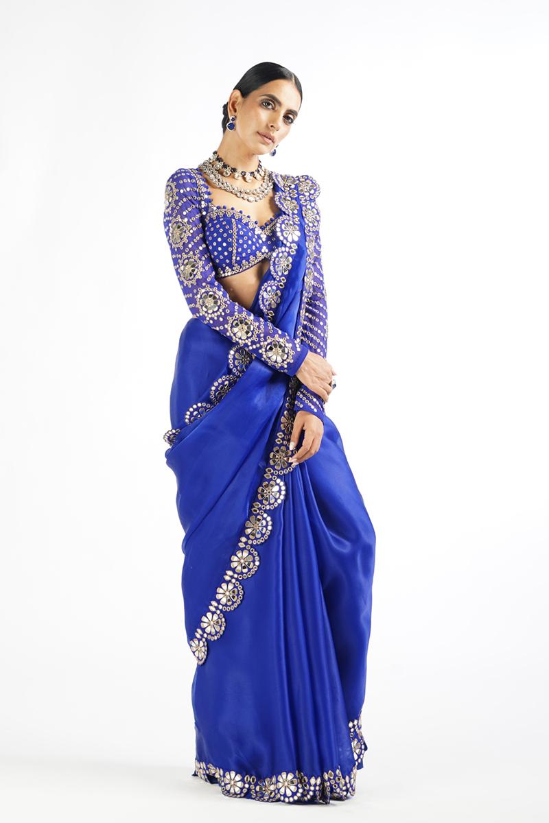 Royal Blue Mirror Work Blouse Saree Set (Set of 2)