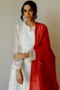 ivory and red chanderi and organza and cotton Kurta and pants
