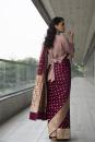 wine pure katan silk saree with pink silk cropped shirt blouse with tie-knot belt