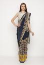 Printed navy and yellow saree with white blouse