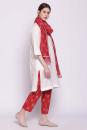 white cotton kali kurta with red cotton snowflake print pants and soft chanderi dupatta