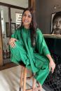 Emerald green silk cape with pants