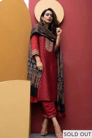 pavitra sagar in maroon ajrakh embroidery suit set