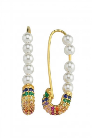 18K Yellow Gold Plated Rainbow safety Pin pearl earring