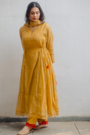 mustard and red nuetral handwoven chanderi and cotton kaftan set