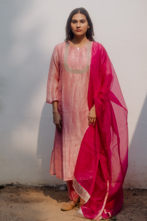 light rose and hot pink  nuetral handwoven chanderi and zari kurta set