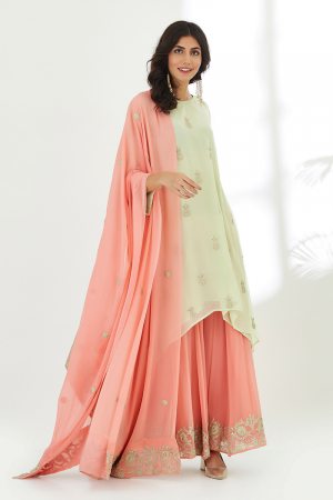 Asymmetrical Georget Tunic with Sharara Pastel Green with Coral