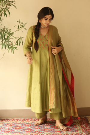 Green embroidered angrakha kurta set