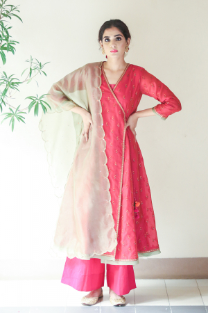 Pink embroidered angrakha kurta set