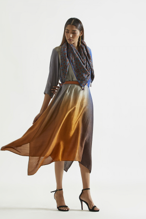 Ink mustard Ombre hued Asymmetric Dress kurta with silk printed stole