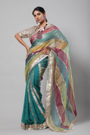 multicoloue silver block printed saree
