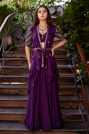 Purple Wrap Geometric Sleeves Short Jacket With Purple Crop Top, Skirt And Embroidered Belt