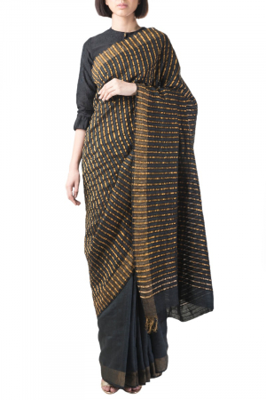 Black handwoven silk sari