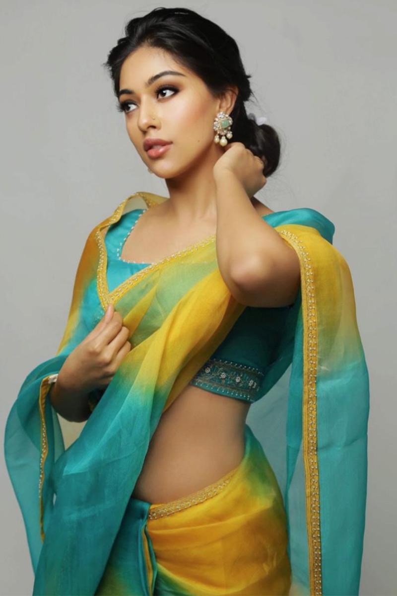 Yellow & Turquoise Ombre Saree