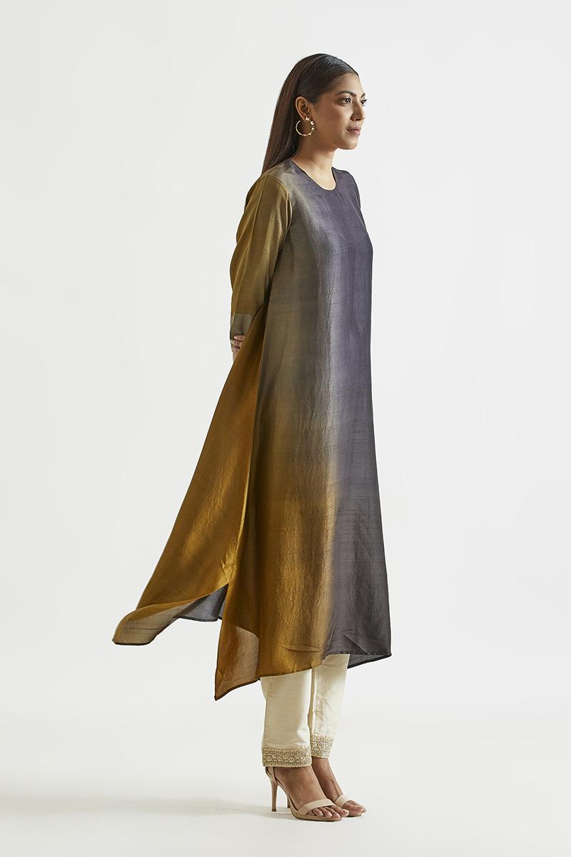 Black olive Ombre hued Asymmetric Dress kurta with silk printed stole
