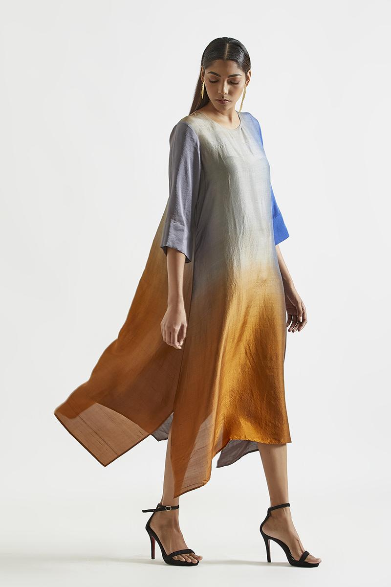 Ink mustard Ombre hued Asymmetric Dress kurta with silk printed stole